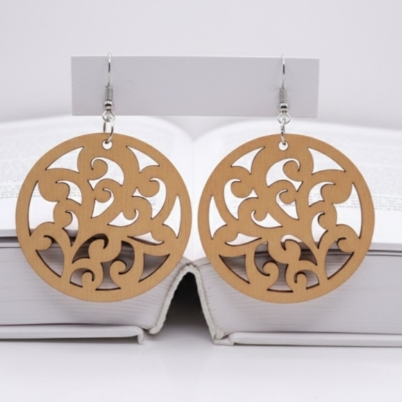 Round wooden dangle earrings, round wooden earrings - Picture 4 of 6